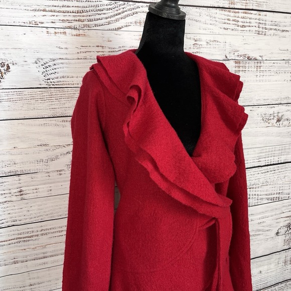 Vtg Marisa Christina Wool Wrap Cardigan Womens S Red Ruffle Collar Hem Dopamine - Picture 2 of 12